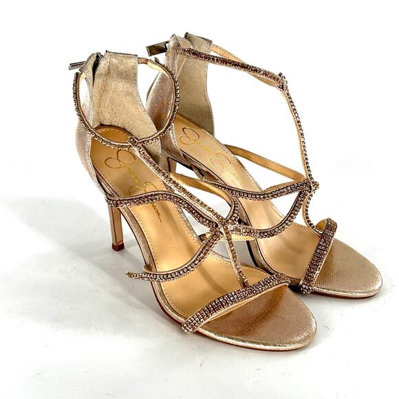 NWOT Jessica Simpson Sidra Strappy Heel Sandals 8 Gold Heel Jewel Cocktail - Picture 2 of 7